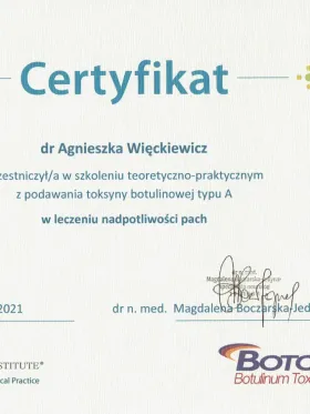 Certyfikat Allergan Medical Institute, szkolenie z podawania toksyny botulinowej typu A w leczeniu nadpotliwości pach (2021), lek. Agnieszka Więckiewicz
