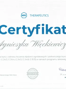 Certyfikat Merz Therapeutics, kurs leczenia dystonii ogniskowych i połowiczego kurczu twarzy w ramach programu lekowego B.28 (2026), lek. Agnieszka Więckiewicz