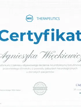 Certyfikat Merz Therapeutics, kurs objawowego leczenia przewlekłego ślinotoku neurotoksyną botulinową typu A u dorosłych pacjentów (2026), lek. Agnieszka Więckiewicz